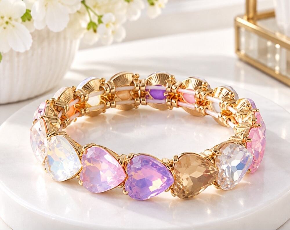 Gold Heart AB Pastel Stone Stretch Bracelet New